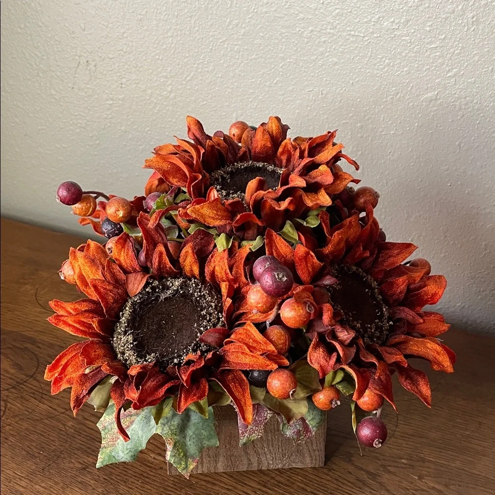 Deep Rust Sunflowers and Berries in a Handmade Cedar Box.